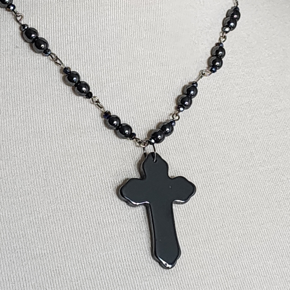 Hematite Gothic cross necklace with Hematite beads Handmade Handcrafted NWT